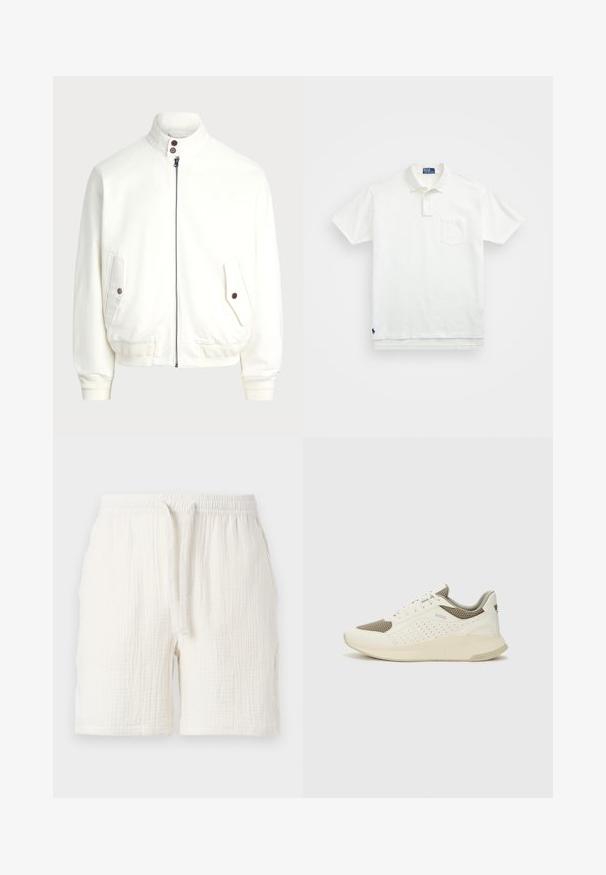Weißer Reißverschlussjacke mit hohem Kragen, zwei Fronttaschen mit Knopfverschlüssen, gerippten Bündchen und Saum sowie glatter Stoffoberfläche.; Weißes Poloshirt aus Baumwolle, mit klassischem Kragen, Drei-Knopf-Leiste und einer linken Brusttasche; kleines Logo am Saum.; Leichte, weiße Baumwollshorts mit elastischem Bund und Kordelzug, die eine zerknitterte Textur und eine lockere Passform aufweisen.; Weiße und hellbeige Sport Sneakers, ausgestattet mit einem Obermaterial aus Netzgewebe, perforierten Details und einer strukturierten Zwischensohle mit Branding an der Ferse.