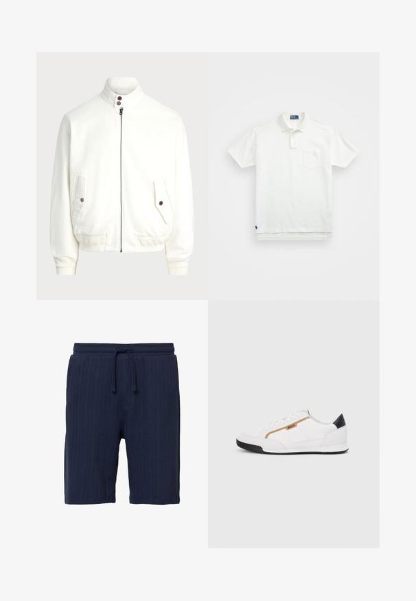 Witte zip-up jas met hoge kraag, twee voorzakken met knoopsluitingen, geribbelde manchetten en zoom, en een gladde stoftextuur.; Witte poloshirt van katoen, met een klassieke kraag, een knoopsluiting met drie knopen en een borstzak aan de linkerkant; klein logo aan de onderrand.; Donkerblauwe shorts van een gestructureerde stof met verticale strepen. Voorzien van een elastische tailleband en trekkoord; casual ontwerp.; Witte sportieve schoenen met gaas- en lederen accenten. Voorzien van een gouden "BOSS" logo, gestructureerde zijpanelen en een zwarte hakkap. Rubberen zool.