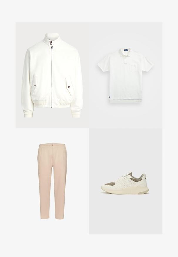 Veste zippée blanche avec un col haut, deux poches avant avec des fermetures à bouton, des poignets et un ourlet côtelés, et une texture de tissu lisse.; Polo shirt blanc en coton, avec un col classique, une patte de boutonnage à trois boutons et une poche sur la poitrine à gauche ; petit logo en bas.; Pantalons beiges côtelés avec une taille ajustée, présentant des plis avant, une petite fermeture à bouton et des jambes fuselées. Texture douce.; Basket de sport blanche et beige clair, avec une tige en maille, des détails perforés et une semelle intermédiaire texturée avec un logo sur le talon.