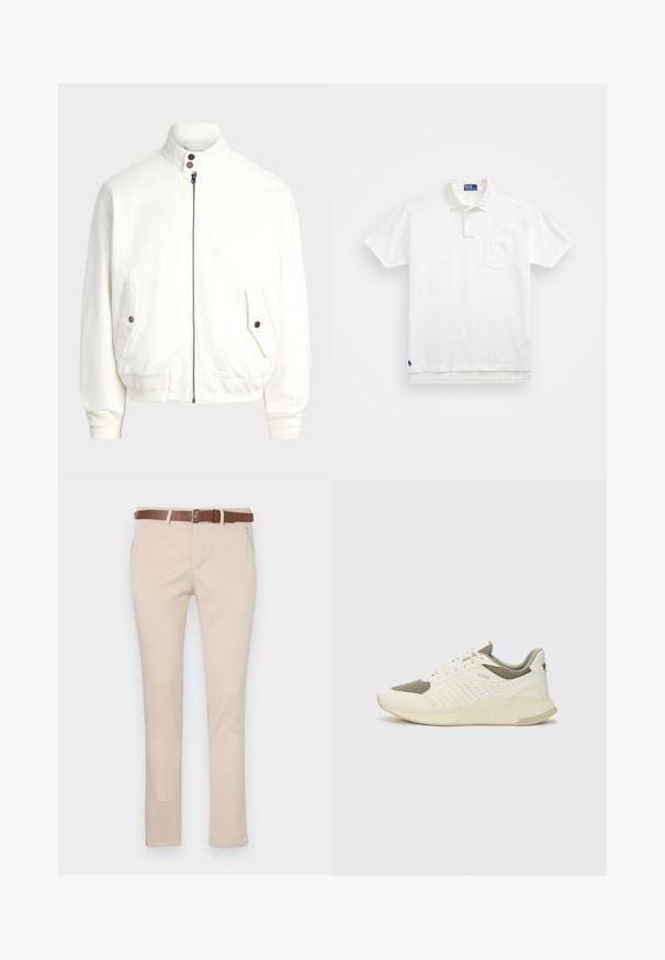 Giacca bianca con zip e colletto alto, due tasche frontali con bottone, polsini e orlo a coste, e tessuto morbido.; Polo bianco in cotone, con colletto classico, placca con tre bottoni e taschino sul lato sinistro del petto; piccolo logo sull'orlo.; Chinos beige in cotone, con una cintura in pelle marrone, tasche standard e una vestibilità su misura con un design a gamba dritta.; Sneaker atletica bianca e beige chiaro, con tomaia in mesh, dettagli perforati e una suola intermedia texturizzata con marchio sul tallone.