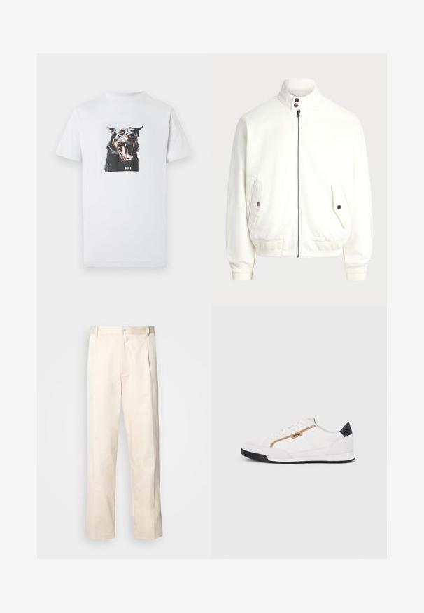 Casaco branco com fecho zip até ao pescoço, colarinho alto, duas bolsas frontais com fechos de botão, punhos e bainha canelados, e textura de tecido suave.; T-shirt branca de algodão com uma imagem gráfica de um cão preto a rosnar com detalhes castanhos e a palavra "BOSS" impressa abaixo da imagem.; Calças de algodão bege com corte reto, apresentando um fecho de botão e pregas na frente para um detalhe adicional.; Tênis atléticos brancos com detalhes em malha e couro. Apresenta um logotipo dourado "BOSS", painéis laterais texturizados e um capô de calcanhar preto. Sola em borracha.