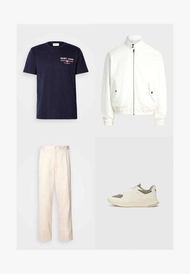 Valge kergelt suletav jakk kõrge kraega, kaks esipakki nupuklippidega, soonikkoes varrukad ja alläär, ning sile kangas.; Tumed sinine puuvillane T-särk, millel on valge "GANT 1949" logo ja punased detailid, ümar kaelus, lühikesed varrukad, sile tekstuur, tavaline lõige.; Beesidised puuvillased püksid sirge jala lõikega, mis on varustatud nööpkinnituse ja ees olevate voltidega, et lisada detaili.; Valge ja heledat beeži värvi spordijalats, millel on õhuke võrkmaterjal, perforatsioonidega detailid ning tekstuuriga vahetald, millel on brändi logo kannaosas.