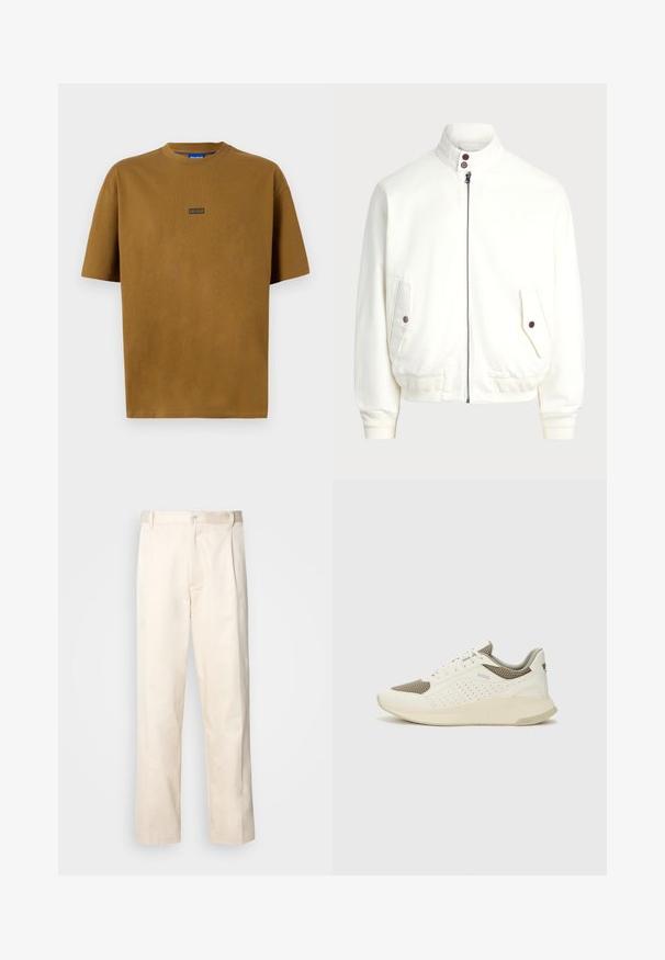 Balta zip-up striukė su aukštu apykakle, dviem priekinėm kišenėm su mygtukų uždarymu, raukšlėtom rankogaliais ir apačia, sklandžiu audinio paviršiumi.; Rudas, trumpomis rankovėmis, apvaliu kaklu marškinėliai pagaminti iš medvilnės. Priekyje yra mažas juodas logotipas, kuriame rašoma "HUGO".; Bežinės medvilninės kelnės su tiesiu kirpimu, turinčios mygtuko uždarymą ir priekyje raukšles papildomai dekoratyviam akcentui.; Baltas ir šviesiai bežinis sportinis kedas, su tinklo viršumi, perforuotais detalėmis ir tekstūruotu tarpine su logotipu ant kulno.