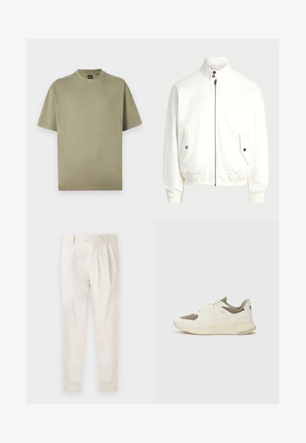 Jachetă albă cu fermoar, cu guler înalt, două buzunare frontale cu închidere cu buton, manșete și tiv cu țesătură elastică, și textură netedă a materialului.; Tricou verde măsliniu cu mânecă scurtă, realizat din bumbac moale, cu guler rotund și un design simplu, având un logo subtil pe guler.; Pantaloni albi plisati, cu o croială ajustată, având o textură netedă, bucle pentru curea și picioare conice. Fără buzunare vizibile sau modele.; Tenis sportivi alb și bej deschis, cu un înveliș din plasă, detalii perforate și o talpă intermediară texturată, având marcaj pe călcâi.