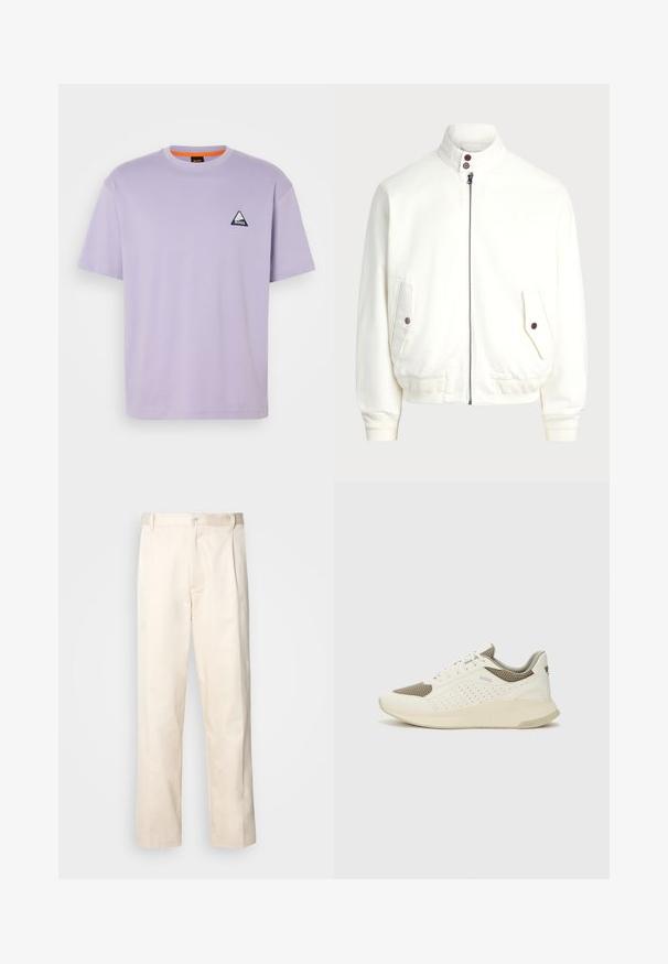 Biała kurtka zapinana na zamek z wysokim kołnierzem, dwoma przednimi kieszeniami z zapięciem na guziki, prążkowanymi mankietami i dołem oraz gładką fakturą materiału.; Fioletowa bawełniana koszulka z okrągłym dekoltem, krótkimi rękawami oraz trójkątnym granatowym logo na piersi. Gładki, lekki materiał.; Beżowe bawełniane spodnie o prostym kroju nogawki, z zapięciem na guziki i plisami z przodu dla dodatkowego zdobienia.; Białe i jasnobeżowe sneakersy sportowe, z siateczkową cholewką, perforowanymi detalami oraz teksturowaną podeszwą śródstopia z brandingiem na pięcie.
