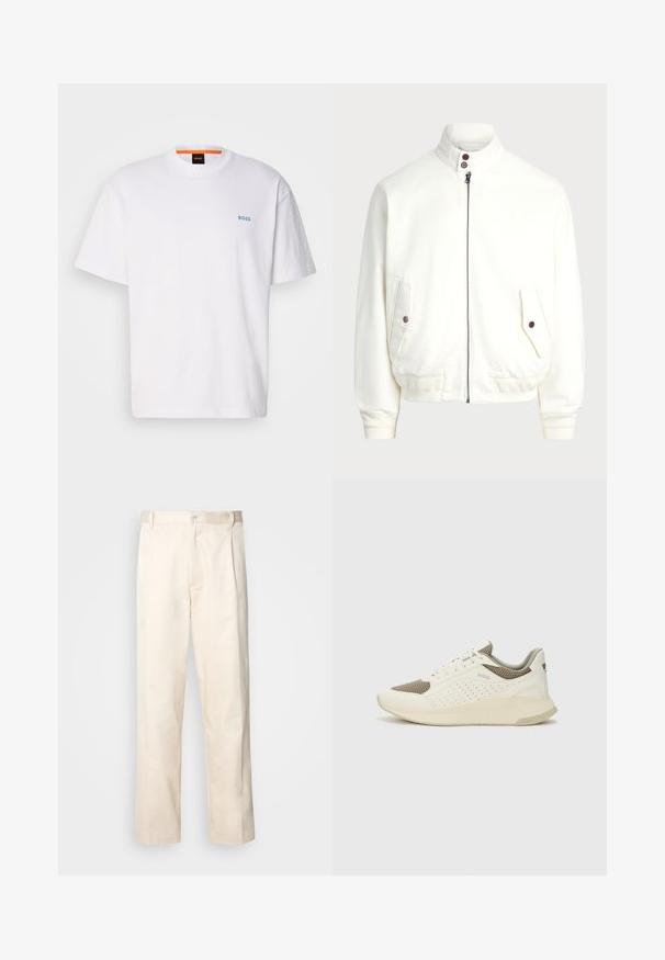 Balta jakas ar rāvējslēdzēju un augstu apkakli, divām priekšējām kabatām ar pogu aizdari, ribotām rokām un apakšmalu, kā arī gludu auduma tekstūru.; Balta kokvilnas T-kreklā īsas piedurknes, apaļa kakla izgriezums un gaiši zils "BOSS" logo kreisajā krūtīs.; Bežā krāsā auduma bikses ar taisnu kāju griezumu, pievienotām pogu aizdares un priekšējiem krokām papildu detaļām.; Baltas un gaiši bež sporta apavi, ar sieta augšdaļu, perforētiem detaļām un teksturētu vidusdaļu ar zīmolu uz papēža.