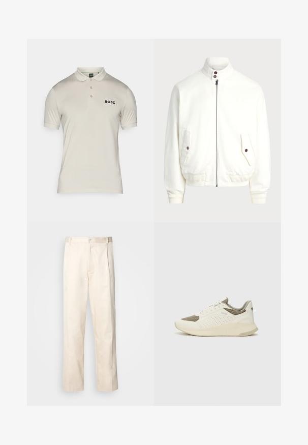 Fehér cipzáras dzseki magas gallérral, két elülső zseb gombos záródással, bordás mandzsetták és alsó rész, valamint sima szövettextúra.; Világos bézs színű pólóing, sima anyagból készült, gallérral, három gombbal, és egy diszkrét fekete logóval a bal mellrészen.; Beige pamut nadrág egyenes szárú kivágással, gombos záródással és elülső redőkkel a részletek fokozása érdekében.; Fehér és világos bézs sportcipő, légies hálós felsőrésszel, perforált részletekkel és texturált középtalppal, amelyen a saroknál a márka logója található.
