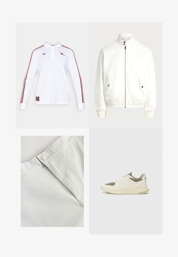 Vit zip-up jacka med hög krage, två framfickor med knäppning, ribbade muddar och nederkant, samt slät tygkänsla.; adidas Originals ARSENAL FC ICON LONG SLEEVE POLO - Klubbkläder - white; Vitt bomullstyg med knappstängning i midjan, med subtil textur och sömnaddetaljer längs sömmarna.; Vit och ljusbeige atletisk sneaker med ett meshöverdrag, perforerade detaljer och en texturerad mellansula med varumärke på hälen.