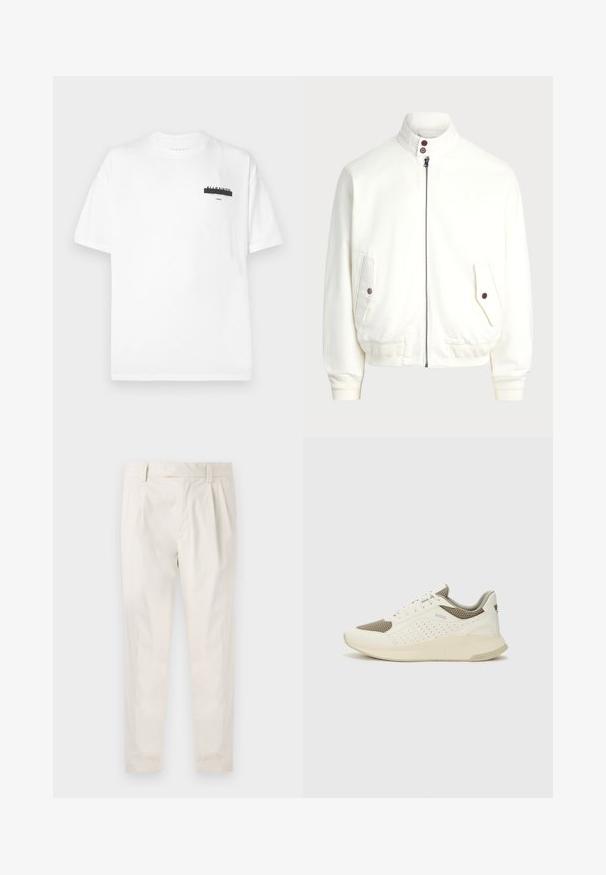 Biała kurtka zapinana na zamek z wysokim kołnierzem, dwoma przednimi kieszeniami z zapięciem na guziki, prążkowanymi mankietami i dołem oraz gładką fakturą materiału.; Biała bawełniana koszulka z okrągłym dekoltem, krótkimi rękawami oraz minimalistyczną czarną grafiką nadrukowaną na piersi. Miękka tekstura i standardowy krój.; Białe, plisowane spodnie o dopasowanym kroju, z gładką fakturą, szlufkami na pasek i zwężanymi nogawkami. Brak widocznych kieszeni lub wzorów.; Białe i jasnobeżowe sneakersy sportowe, z siateczkową cholewką, perforowanymi detalami oraz teksturowaną podeszwą śródstopia z brandingiem na pięcie.