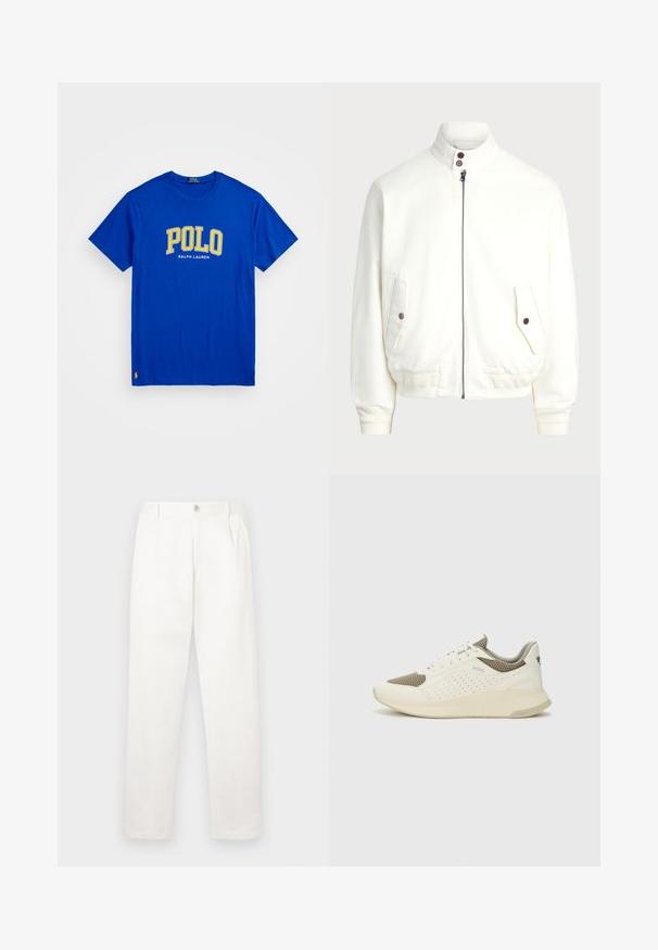 White zip-up jacket with a high collar, two front pockets with button closures, ribbed cuffs and hem, and smooth fabric texture.; Blue cotton t-shirt featuring "POLO" in large yellow letters and "RALPH LAUREN" in smaller text beneath. Includes a small logo on the lower hem.; White trousers made from smooth fabric, featuring a straight leg design, front pleats, and a single button closure at the waist.; White and light beige athletic sneaker, featuring a mesh upper, perforated detailing, and a textured midsole with branding on the heel.