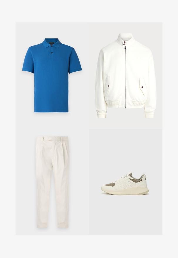 Balta zip-up striukė su aukštu apykakle, dviem priekinėm kišenėm su mygtukų uždarymu, raukšlėtom rankogaliais ir apačia, sklandžiu audinio paviršiumi.; Mėlyni trumpomis rankovėmis polo marškiniai su apykakle, dviem juodais mygtukais, įprasto silueto ir subtiliu „BOSS“ logotipu kairėje krūtinės pusėje.; Balti, susiūtos kelnes, turinčios pritaikytą siluetą, pasižyminčias lygia tekstūra, dirželio kilpomis ir siaurėjančiomis kojomis. Nėra matomų kišenių ar raštų.; Baltas ir šviesiai bežinis sportinis kedas, su tinklo viršumi, perforuotais detalėmis ir tekstūruotu tarpine su logotipu ant kulno.