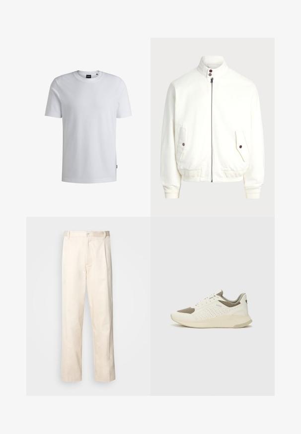 Bílá zipová bunda s vysokým límcem, dvěma předními kapsami se zapínáním na knoflíky, žebrovanými manžetami a lemem a hladkou texturou látky.; Bílý tričko s krátkým rukávem vyrobené z texturované látky, s kulatým výstřihem a malou logovkou na boční straně.; Bežové bavlněné kalhoty se střihy rovného nohavice, s knoflíkovým zapínáním a záhyby vpředu pro zvýraznění detailu.; Bílé a světle béžové atletické tenisky, které mají síťovaný svršek, perforované detaily a texturovanou mezipodešev s logem na patě.
