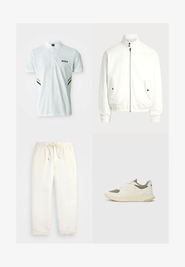 Balta zip-up striukė su aukštu apykakle, dviem priekinėm kišenėm su mygtukų uždarymu, raukšlėtom rankogaliais ir apačia, sklandžiu audinio paviršiumi.; Balta polo marškinėliai su tekstūruotu raštu, trimis mygtukais ir "BOSS" logotipu. Šoninės detalės žaliomis, auksinėmis ir juodomis juostelėmis.; Šviesiai kreminės spalvos, laisvalaikio kelnės iš minkštos medžiagos. Turi elastinį juosmenį su raišteliais ir siaurėjantį kojų dizainą.; Baltas ir šviesiai bežinis sportinis kedas, su tinklo viršumi, perforuotais detalėmis ir tekstūruotu tarpine su logotipu ant kulno.