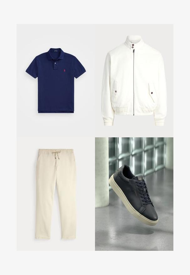 Weißer Reißverschlussjacke mit hohem Kragen, zwei Fronttaschen mit Knopfverschlüssen, gerippten Bündchen und Saum sowie glatter Stoffoberfläche.; Marineblaues Poloshirt mit klassischem Kragen, kurzen Ärmeln und einem roten bestickten Logo auf der linken Brust. Aus weichem Baumwollmaterial gefertigt.; Beige legere Hosen mit elastischem Bund und Kordelzug, gerade Hosenbeine und seitlichen Taschen vor einem einfarbigen Hintergrund.; Navy Leder-Sneaker mit abgerundetem Zeh, flachen Schnürsenkeln und strukturiertem Profil; mit Logo auf der Zunge, kontrastiert durch eine cremfarbene Laufsohle.