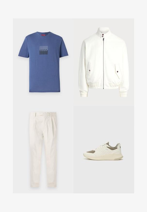 Balta zip-up striukė su aukštu apykakle, dviem priekinėm kišenėm su mygtukų uždarymu, raukšlėtom rankogaliais ir apačia, sklandžiu audinio paviršiumi.; Meline mėlyna marškinė, pagaminti iš švelnaus medvilnės, su kvadrato formos tamsiai pilku logotipu, kurio centre užrašyta "HUGO". Trumpomis rankovėmis ir apvaliu kaklu.; Balti, susiūtos kelnes, turinčios pritaikytą siluetą, pasižyminčias lygia tekstūra, dirželio kilpomis ir siaurėjančiomis kojomis. Nėra matomų kišenių ar raštų.; Baltas ir šviesiai bežinis sportinis kedas, su tinklo viršumi, perforuotais detalėmis ir tekstūruotu tarpine su logotipu ant kulno.