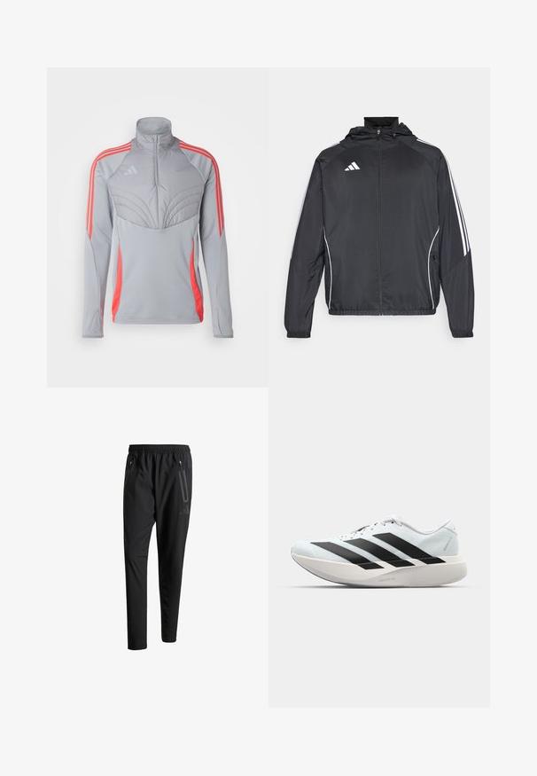 Veste de sport noire avec capuche, présentant des bandes blanches le long des manches et un devant zippé. Fabriquée en tissu léger et lisse.; Veste de sport grise avec un col montant, panneau texturé sur la poitrine et rayures orange le long des épaules et des côtés. Matériau léger.; Pantalons de sport noirs avec une taille élastique, deux poches latérales zippées, des jambes fuselées et un détail de logo subtil sur la hanche.; Baskets de course légères en bleu pâle avec des rayures noires. Elles présentent un dessus lisse, un embout rond et une semelle intermédiaire blanche épaisse étiquetée "LIGHTSTRIKE PRO".