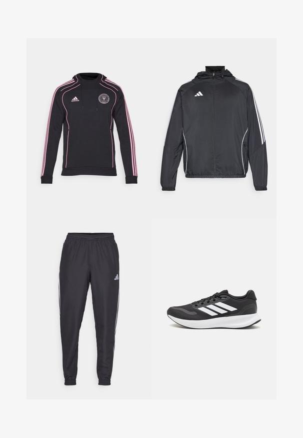 Giacca atletica nera con cappuccio, caratterizzata da strisce bianche lungo le maniche e chiusura con zip frontale. Realizzata in un tessuto liscio e leggero.; adidas Performance INTER MIAMI CF URBAN PURIST TRAVEL - Squadra - black; Pantaloni sportivi neri con cintura elastica, dotati di strisce bianche lungo i lati e un piccolo logo sull'anca. Tessuto liscio.; Scarpa sportiva nera con tomaia in mesh traspirante, dettagli bianchi e suola ammortizzata. Presenta il logo con tre strisce sul lato.