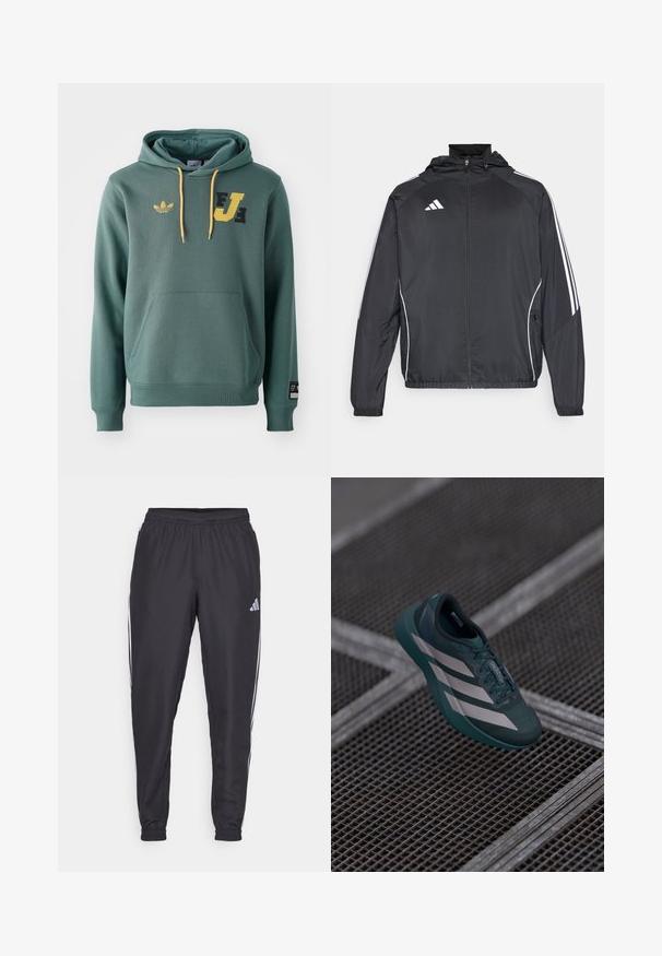 Čierna športová bunda s kapucňou, ktorá má biele pruhy pozdĺž rukávov a zips v prednej časti. Vyrobená z hladkej, ľahkej tkaniny.; Zelená mikina s kapucňou vyrobená z mäkkej látky, so x-m vreckom, žltými šnúrkami a potlačenými čiernymi a žltými logami na prednej strane.; Čierne športové nohavice s elastickým pásom, s bielymi pruhmi po bokoch a malým logom na boku. Hladká textúra.; Tmavo zelená športová obuv s textúrovaným povrchom, ktorá má tri biele pruhy, zaoblenú špičku a odpruženú podrážku.