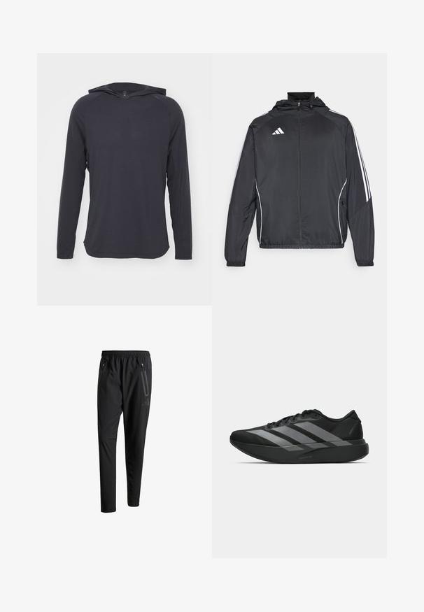 Čierna športová bunda s kapucňou, ktorá má biele pruhy pozdĺž rukávov a zips v prednej časti. Vyrobená z hladkej, ľahkej tkaniny.; Tmavogr gray dlhý rukáv s kapucňou, vyrobený z ľahkého materiálu s hladkou textúrou a jemným horizontálnym ryhovaním.; Čierne športové nohavice s elastickým pásom, dvoma bočnými zipsovými vreckami, zužujúcimi sa nohavicami a nenápadným detailom loga na bokoch.; Čierne športové topánky s ľahkým dizajnom, obsahujúce tri výrazné šedé pruhy, hladkú textúru a kontúrovanú podrážku.