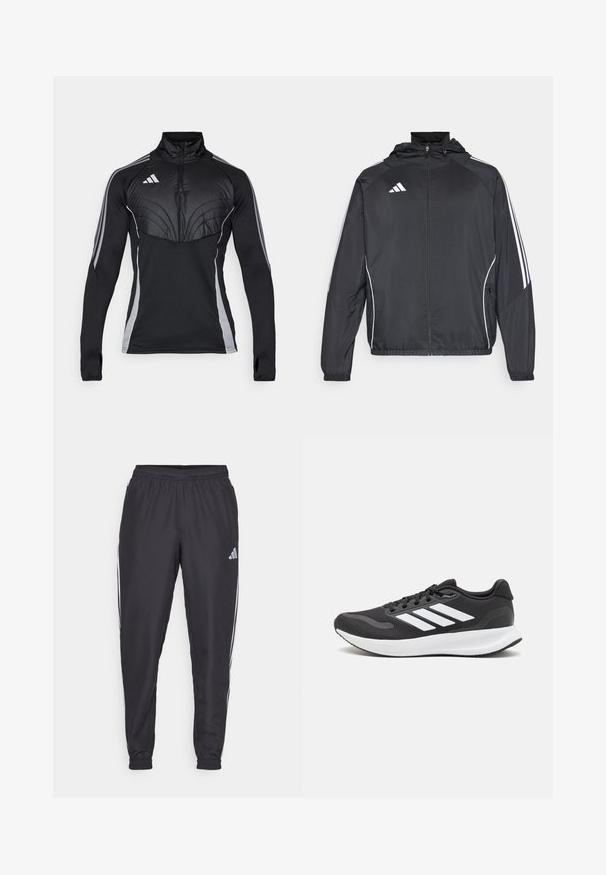 Čierna športová bunda s kapucňou, ktorá má biele pruhy pozdĺž rukávov a zips v prednej časti. Vyrobená z hladkej, ľahkej tkaniny.; Čierny športový pulóver so zipsovým golierom, s prešívanou hornou časťou, sivými bočnými pruhmi a s otvorom pre palce v rukávoch pre lepšie uchopenie.; Čierne športové nohavice s elastickým pásom, s bielymi pruhmi po bokoch a malým logom na boku. Hladká textúra.; Čierna športová obuv s priedušným sieťovaným zvrškom, bielymi akcentmi a polstrovanou podrážkou. Na bočnej strane sa nachádza logo so tromi pruhmi.