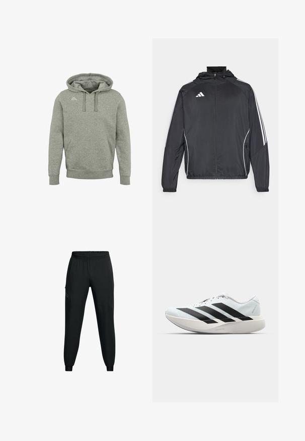 Fekete sportos dzseki kapucnival, fehér csíkokkal az ujjak mentén és cipzáras elülső résszel. Simább, könnyű anyagból készült.; Kappa CUNEO - Kapucnis pulóver - grey md melange; Fekete sportnadrág, elasztikus derékpánttal, tapered lábfallal, oldalsó zsebekkel és kontrasztos panel részletekkel. Könnyű, sima anyag.; Világoskék, fekete csíkos könnyű futószerek. Simább felső résszel, kerek orral és vastag fehér középtalppal, amelyen a "LIGHTSTRIKE PRO" felirat olvasható.