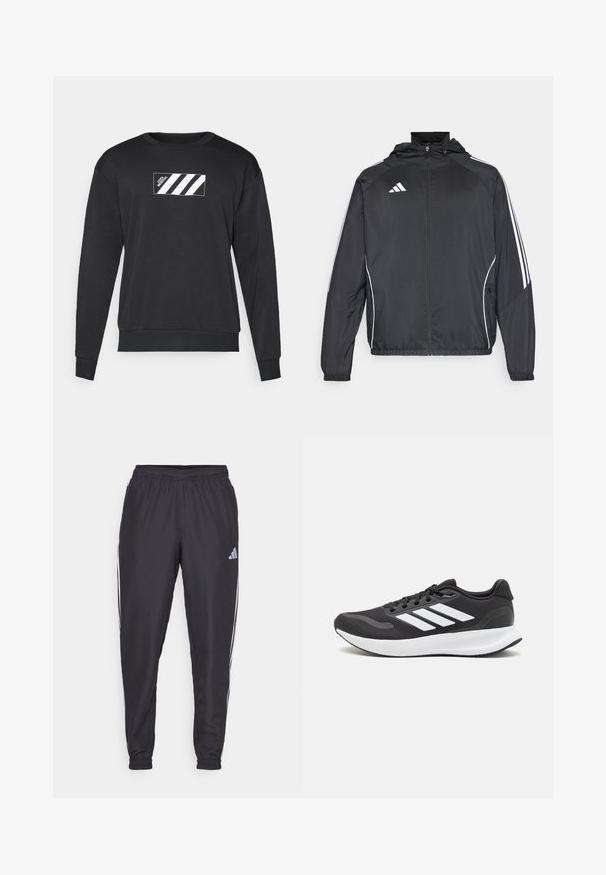 Giacca atletica nera con cappuccio, caratterizzata da strisce bianche lungo le maniche e chiusura con zip frontale. Realizzata in un tessuto liscio e leggero.; Felpa nera in misto cotone, con un design rettangolare, strisce bianche e logo sulla parte anteriore. Collo e polsini a costine.; Pantaloni sportivi neri con cintura elastica, dotati di strisce bianche lungo i lati e un piccolo logo sull'anca. Tessuto liscio.; Scarpa sportiva nera con tomaia in mesh traspirante, dettagli bianchi e suola ammortizzata. Presenta il logo con tre strisce sul lato.