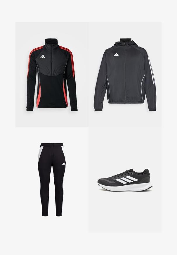 Zwarte sportjack met capuchon, voorzien van witte strepen langs de mouwen en een ritssluiting aan de voorkant. Gemaakt van een gladde, luchtige stof.; adidas Performance TIRO24 WINTERIZED - Sweater - black/shock red; Zwarte sportbroek met witte zijpanelen, slim fit, elastische tailleband met een trekkoord en een klein wit logo op de onderkant van het linkerbeen.; Zwart sportief schoen met ademend mesh bovenwerk, witte accenten en een gevoerde zool. Beschikt over een logo met drie strepen aan de zijkant.