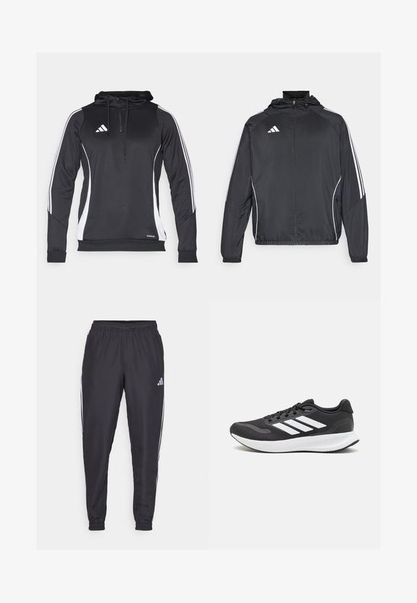 Casaco atlético preto com capuz, apresentando riscas brancas ao longo das mangas e um fecho éclair na frente. Fabricado em um tecido liso e leve.; Moleton atlético preto com detalhes brancos nas laterais, apresentando um colarinho com fecho éclair, mangas longas e o logótipo da Adidas no peito. Feito de tecido leve.; Calças atléticas pretas com um cós elástico, apresentando riscas brancas nas laterais e um pequeno logótipo no quadril. Textura suave.; Shoe de atletismo preto com parte superior em malha respirável, detalhes brancos e sola almofadada. Apresenta o logotipo das três riscas na lateral.