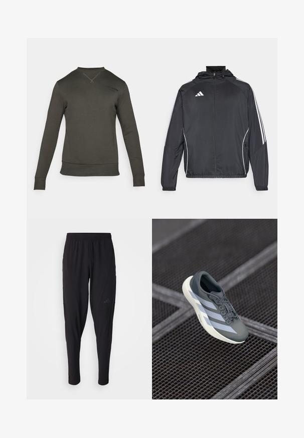 Giacca atletica nera con cappuccio, caratterizzata da strisce bianche lungo le maniche e chiusura con zip frontale. Realizzata in un tessuto liscio e leggero.; Felpa verde scuro a maniche lunghe, con polsini e orlo a costine. Presenta un collo rotondo e un semplice dettaglio del logo vicino alla spalla.; Pantaloni sportivi neri con vita elastica, design affusolato, tasche laterali e dettagli logo discreti. Realizzati in tessuto flessibile e traspirante.; Scarpa sportiva grigia e bianca, realizzata in materiale sintetico, con un design aerodinamico, finitura testurizzata e sistema di allacciatura prominente.