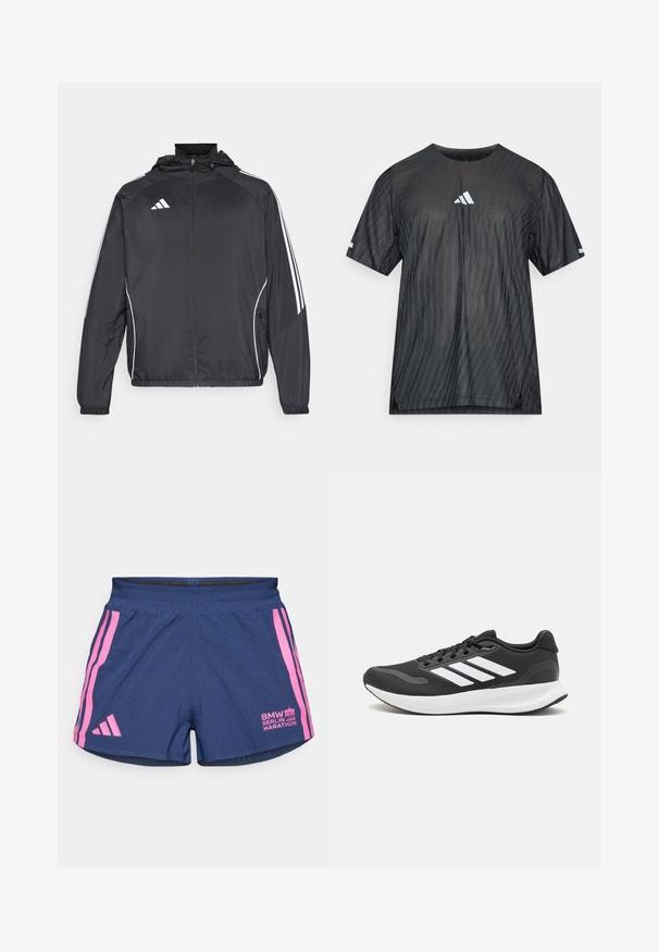 Schwarze Sportjacke mit Kapuze, ausgestattet mit weißen Streifen an den Ärmeln und einem Reißverschluss vorne. Hergestellt aus einem glatten, leichten Stoff.; Schwarzes athletisches T-Shirt mit kurzen Ärmeln, das ein strukturiertes diagonales Streifenmuster sowie ein weißes Adidas-Logo auf Brust und Ärmeln zeigt.; adidas Performance BER25 SPLIT SHORT - Kurze Sporthose - collegiate navy; Schwarzer Sportschuh mit atmungsaktivem Mesh-Obermaterial, weißen Akzenten und einer gepolsterten Sohle. Mit drei Streifen-Logo an der Seite.