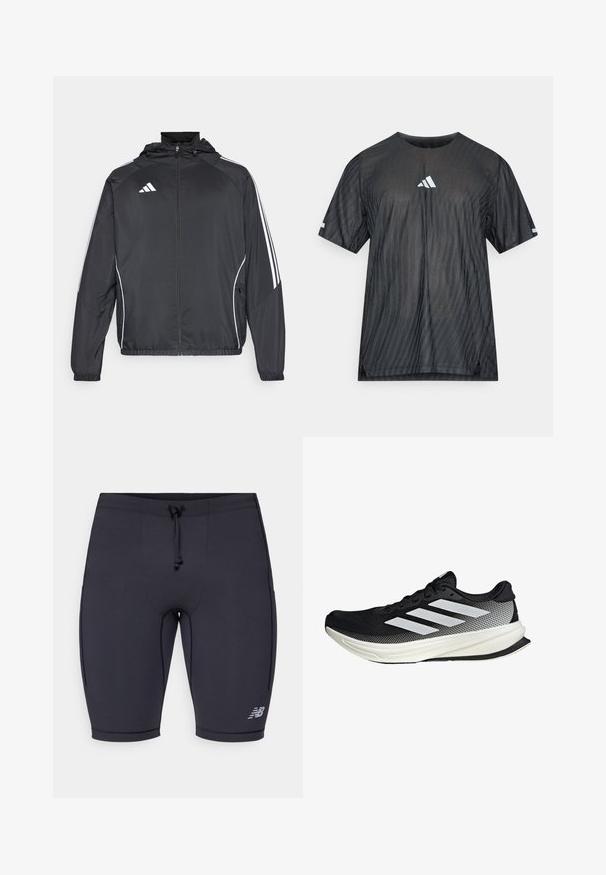 Černá sportovní bunda s kapucí, s bílými pruhy podél rukávů a s předním zipem. Vyrobena z hladkého, lehkého materiálu.; Černé sportovní tričko s krátkými rukávy, které má texturovaný diagonální proužkovaný vzor a bílé logo Adidas na hrudi a rukávech.; Černé sportovní šortky s přiléhavým střihem, elastickým pasem, šňůrkovým zapínáním a reflexními detaily loga na dolní straně.; Černá sportovní boty s síťovaným designem, s bílými pruhy, zaoblenou špičkou a texturovanou podrážkou pro lepší přilnavost a oporu.