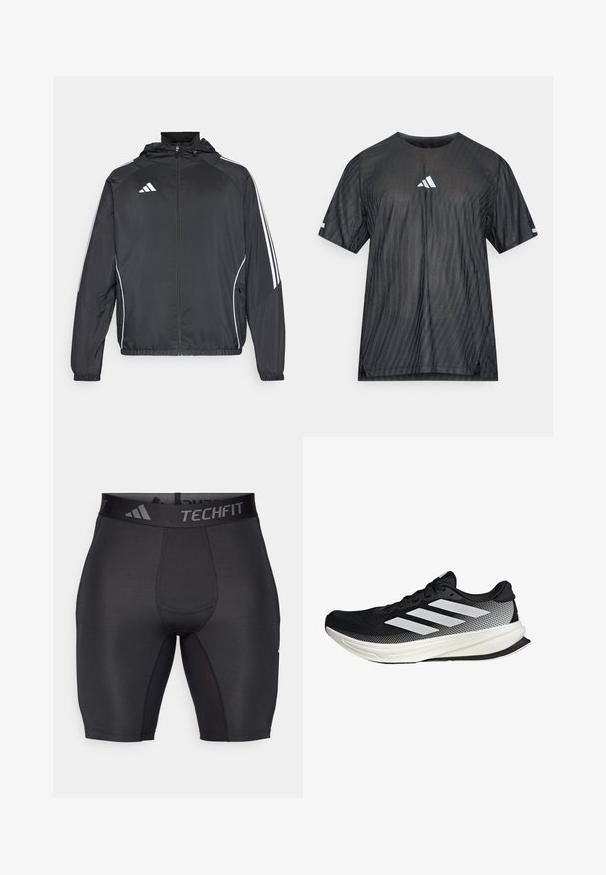 Schwarze Sportjacke mit Kapuze, ausgestattet mit weißen Streifen an den Ärmeln und einem Reißverschluss vorne. Hergestellt aus einem glatten, leichten Stoff.; Schwarzes athletisches T-Shirt mit kurzen Ärmeln, das ein strukturiertes diagonales Streifenmuster sowie ein weißes Adidas-Logo auf Brust und Ärmeln zeigt.; Schwarze Sportshorts aus glattem, elastischem Material. Mit einem breiten, markierten Bund und Flachnähten für Komfort und Langlebigkeit.; Schwarzer Sportschuh mit einem Mesh-Design, ausgestattet mit weißen Streifen, einer runden Zehenpartie und einer strukturierten Sohle für Grip und Unterstützung.
