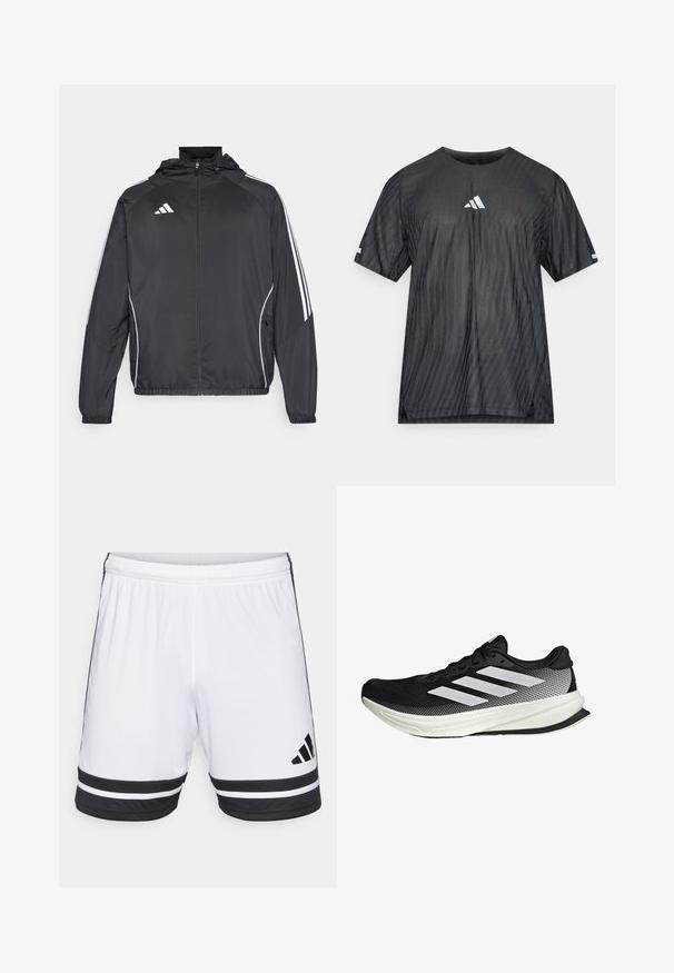 Black athletic jacket with a hood, featuring white stripes along the sleeves and a zippered front. Made from a smooth, lightweight fabric.; Black athletic t-shirt with short sleeves, featuring a textured diagonal stripe pattern and a white Adidas logo on the chest and sleeves.; White athletic shorts with black horizontal stripes at the hem and black Adidas logo. Elastic waistband for adjustable fit.; Black athletic shoe with a mesh design, featuring white stripes, a rounded toe, and a textured sole for grip and support.