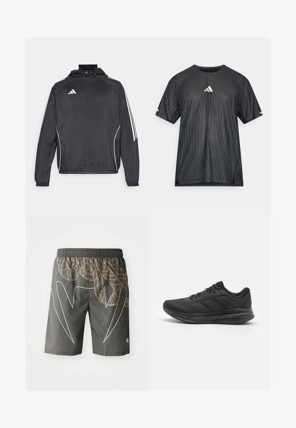 Melnā sporta jaka ar kapuci, ar baltām svītrām pa piedurknēm un ar rāvējslēdzēju priekšpusē. Izgatavota no gludas, vieglas auduma.; Melnā sporta T-krekls ar īsām piedurknēm, uzraksts ar teksturētu diagonālu svītru rakstu un baltu Adidas logotipu uz krūtīm un piedurknēm.; Pelēkas sporta šorti ar čūskādai līdzīgu rakstu, izmantojot beigu un baltas akcentus. Elastīga josta, līdz ceļgaliem, viegla auduma.; Melnas sporta kurpes ar sietiņveida augšdaļu, gumijas zoli, teksturētu dizainu un trim svītrām sānos. Putu mīkstinājums ērtībai.