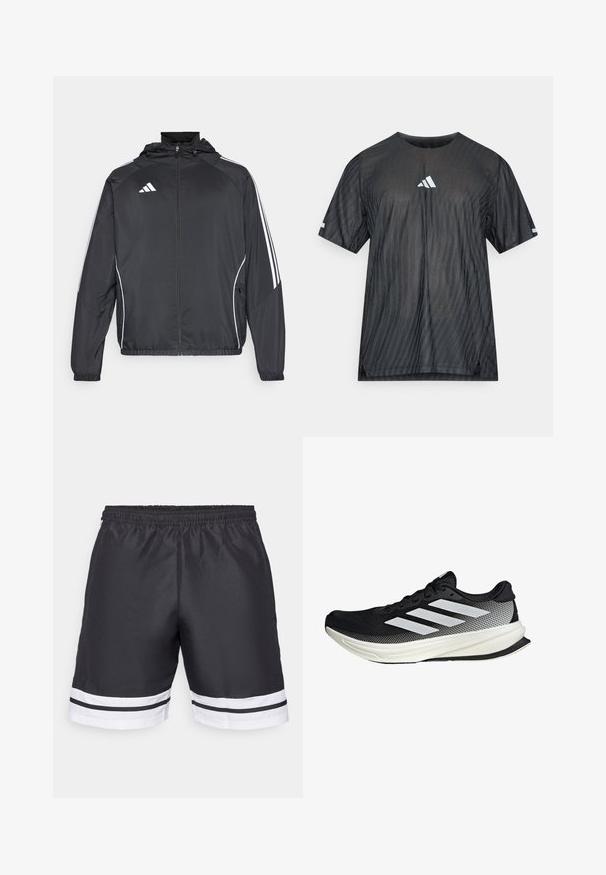 Čierna športová bunda s kapucňou, ktorá má biele pruhy pozdĺž rukávov a zips v prednej časti. Vyrobená z hladkej, ľahkej tkaniny.; Čierne atletické tričko s krátkym rukávom, so štruktúrovaným diagonálnym pruhovaným vzorom a bielym logom Adidas na hrudi a rukávoch.; Čierne atletické šortky s elastickým pásom, so bielymi vodorovnými prúžkami na okraji a hladkou textúrou.; Čierna atletická topánka s dizajnom z mriežky, s bielymi prúžkami, zaoblenou špičkou a textúrovanou podrážkou pre lepšiu priľnavosť a podporu.