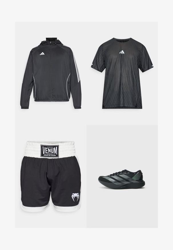 Fekete sportos dzseki kapucnival, fehér csíkokkal az ujjak mentén és cipzáras elülső résszel. Simább, könnyű anyagból készült.; Fekete atlétikai póló rövid ujjakkal, texturált átlós csíkos mintával, valamint fehér Adidas logóval a mellkason és az ujjakon.; Fekete boxernadrág fehér derékkal, VENUM logóval és fehér kígyó grafikával. Könnyű, tartós anyagból készült.; Fekete sportcipő sima felsőrésszel, ezüst ferde csíkokkal, texturált sarokkal és könnyű talppal, amelyen a "LIGHTSTRIKE PRO" felirat látható.