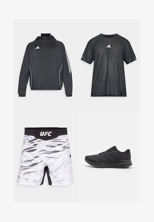 Melnā sporta jaka ar kapuci, ar baltām svītrām pa piedurknēm un ar rāvējslēdzēju priekšpusē. Izgatavota no gludas, vieglas auduma.; Melnā sporta T-krekls ar īsām piedurknēm, uzraksts ar teksturētu diagonālu svītru rakstu un baltu Adidas logotipu uz krūtīm un piedurknēm.; Balti un melni UFC šorti ar kamuflāžas rakstu, ar melnu jostu un skaidri saskatāmu "UFC" logotipu augšpusē.; Melnas sporta kurpes ar sietiņveida augšdaļu, gumijas zoli, teksturētu dizainu un trim svītrām sānos. Putu mīkstinājums ērtībai.