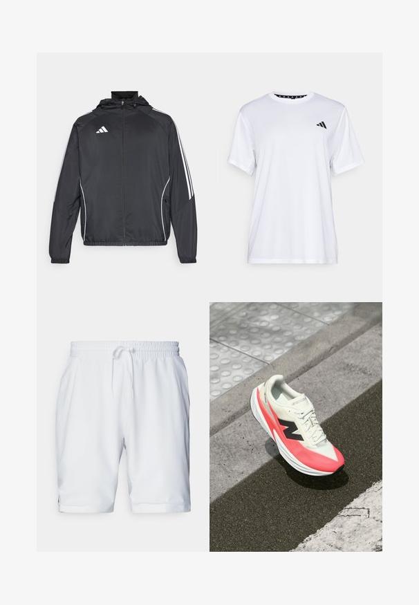 Must värvi sportlik jakk kapuutsiga, millel on valged triibud varrukatel ja lukuga esiosa. Valmistatud siledast, kergest kangast.; Valge sportlik T-särk lühikeste varrukatega, valmistatud niiskust eemaldavast kangast. Ees on must logo vasakul rinnal ja soe mustriline kaelaosa.; Valged sportlikud lühikesed püksid elastse vöökohaga ja reguleeritava paelaga. Sile kangas, millel on peen struktuur, ja küljetaskud.; Kerge jooksujalats, millel on kreemivärvi ülemine osa, roosad aktsendid ja must logo. Omab voolujoonelist kuju ja tekstuurset tallaosa, mis tagab haarde.