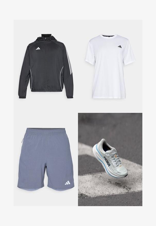 Svart sportsjakke med hette, med hvite striper langs ermene og glidelås foran. Laget av et glatt, lett stoff.; Hvit trenings T-skjorte med korte ermer, laget av fukttransporterende stoff. Har en svart logo på venstre bryst og et mønstrete innvendig halsåpning.; adidas Performance Sports shorts - onix; Lys grå joggesko med et pustende mesh-overside, oransje detaljer og en tykk hvit såle med blå kant. Lett design.