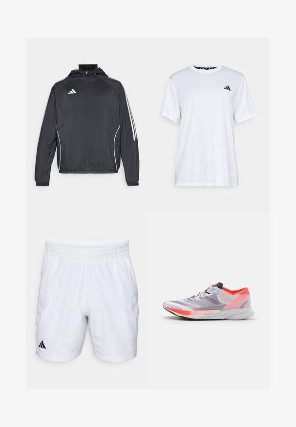 Črna športna jakna s kapuco, z belimi črtami ob rokavih in z zadrgo spredaj. Narejena iz gladkega, lahkega materiala.; Bela športna majica s kratkimi rokavi, izdelana iz tkanine, ki odvaja vlago. Ima črn logotip na levem prsnem delu in vzorčasto notranjo vratno odprtino.; Bele športne hlače bele barve z elastičnim pasom, z teksturirano tkanino in črnim Adidasovim logotipom na spodnji levi strani.; adidas Performance ADIZERO ADIOS 8 - Tekaški copati za cesto - footwear white/aurora metallic/solar red