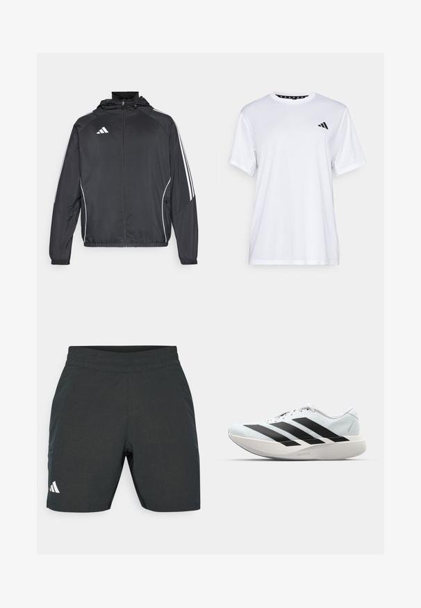 Casaco atlético preto com capuz, apresentando riscas brancas ao longo das mangas e um fecho éclair na frente. Fabricado em um tecido liso e leve.; Camiseta atlética branca de mangas curtas, feita de tecido que absorve a humidade. Apresenta um logótipo preto no lado esquerdo do peito e um decote interior com padrão.; Calções atléticos pretos com um padrão texturizado, cintura elástica e bolsos laterais. Apresenta um logótipo branco no canto inferior esquerdo.; Tênis de corrida leves em azul pálido com riscas pretas. Apresentam um cabedal liso, bico redondo e uma entressola espessa branca rotulada como "LIGHTSTRIKE PRO."