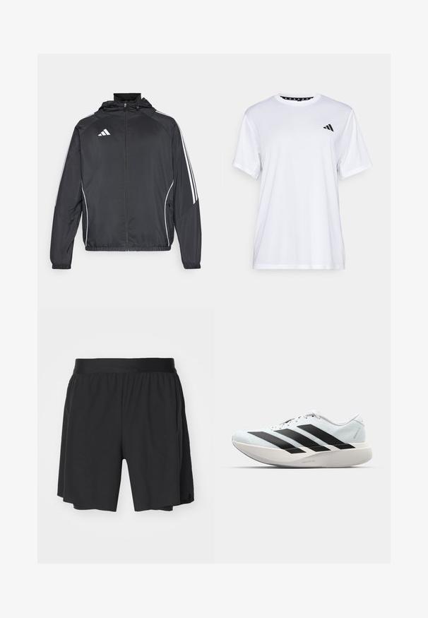 Črna športna jakna s kapuco, z belimi črtami ob rokavih in z zadrgo spredaj. Narejena iz gladkega, lahkega materiala.; Bela športna majica s kratkimi rokavi, izdelana iz tkanine, ki odvaja vlago. Ima črn logotip na levem prsnem delu in vzorčasto notranjo vratno odprtino.; Črne kratke hlače iz lahkega materiala, s širokim elastičnim pasom in ohlapnim krojem ter stranskimi razporki za večjo mobilnost.; Lahki tekaški čevlji v svetlo modri barvi z belimi črtami. Imajo gladek zgornji del, okroglo kapico in debel bel srednji podplat z označbo "LIGHTSTRIKE PRO."