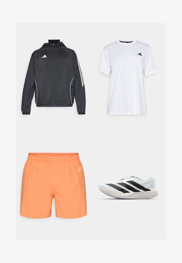 Black athletic jacket with a hood, featuring white stripes along the sleeves and a zippered front. Made from a smooth, lightweight fabric.; White athletic t-shirt with short sleeves, made from moisture-wicking fabric. Features a black logo on the left chest and a patterned interior neckline.; Light orange athletic shorts with an elastic waistband and a subtle "RUNNING" label on top. Features a smooth texture and cut-off hem.; Lightweight running shoes in pale blue with black stripes. Features a smooth upper, round toe, and thick white midsole labeled "LIGHTSTRIKE PRO."