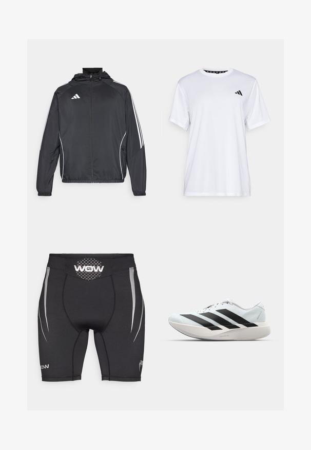 Černá sportovní bunda s kapucí, s bílými pruhy podél rukávů a s předním zipem. Vyrobena z hladkého, lehkého materiálu.; Bílý sportovní tričko s krátkými rukávy, vyrobené z materiálu odvádějícího vlhkost. Na levé straně hrudi se nachází černé logo a vnitřní límec je vzorovaný.; Černé sportovní šortky z elastického nylonu, s stříbrnými bočními akcenty, síťovaným pasem a logem na spodní přední a zadní straně.; Lehké běžecké boty v světle modré barvě s černými pruhy. Mají hladký svršek, kulatou špičku a silnou bílou mezipodešev označenou "LIGHTSTRIKE PRO."