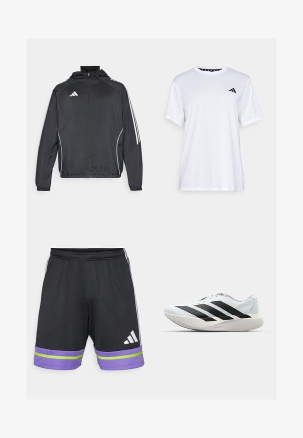 Jachetă sport neagră cu glugă, decorată cu dungi albe pe mâneci și cu fermoar în față. Fabricată dintr-un material neted și ușor.; Tricou sportiv alb cu mâneci scurte, fabricat dintr-un material care elimina umezeala. Are un logo negru pe pieptul stâng și o guler interiory cu un design patterned.; Shorts atletici negri cu o dungă violet și verde la margine, având un talie elastică și logo-ul Adidas în alb.; Pantofi de alergare ușori în albastru deschis cu dungi negre. Au un superior neted, vârf rotund și o intermediară groasă albă etichetată "LIGHTSTRIKE PRO."