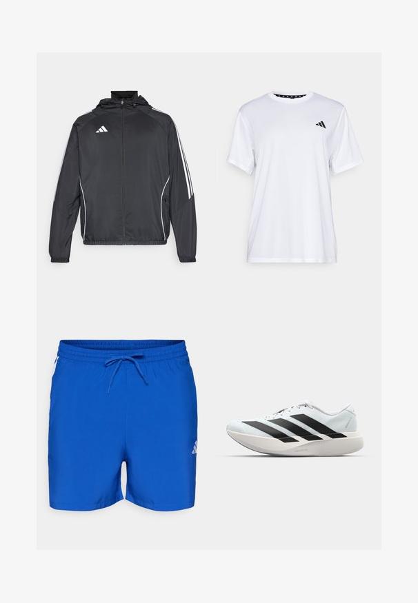 Fekete sportos dzseki kapucnival, fehér csíkokkal az ujjak mentén és cipzáras elülső résszel. Simább, könnyű anyagból készült.; Fehér sportpóló rövid ujjal, nedvességelvezető anyagból készült. A bal mellrészen fekete logó található, és a nyak belső része mintás.; Kék úszónadrág, elasztikus derékkal és összehúzó zsinórral, oldalsó fehér díszítéssel és logó részlettel a jobb alsó lábon.; Világoskék, fekete csíkos könnyű futószerek. Simább felső résszel, kerek orral és vastag fehér középtalppal, amelyen a "LIGHTSTRIKE PRO" felirat olvasható.