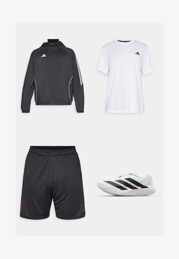 Črna športna jakna s kapuco, z belimi črtami ob rokavih in z zadrgo spredaj. Narejena iz gladkega, lahkega materiala.; Bela športna majica s kratkimi rokavi, izdelana iz tkanine, ki odvaja vlago. Ima črn logotip na levem prsnem delu in vzorčasto notranjo vratno odprtino.; Črne športne kratke hlače z elastičnim pasom, ki imajo na strani rdeč logotip in gladko, lahko tkanino. Žepi niso vidni.; Lahki tekaški čevlji v svetlo modri barvi z belimi črtami. Imajo gladek zgornji del, okroglo kapico in debel bel srednji podplat z označbo "LIGHTSTRIKE PRO."