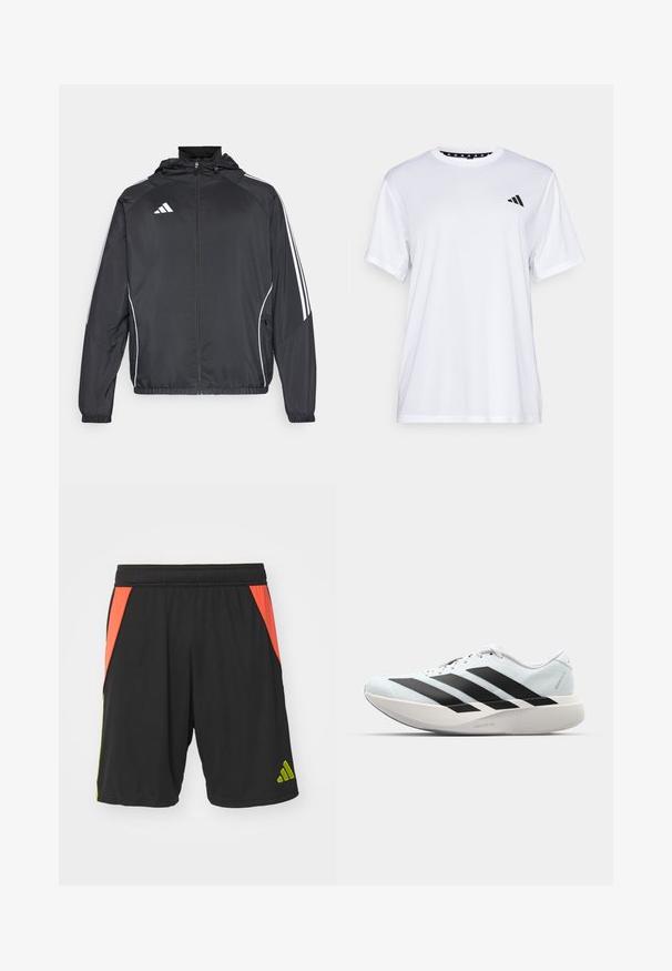 Zwarte sportjack met capuchon, voorzien van witte strepen langs de mouwen en een ritssluiting aan de voorkant. Gemaakt van een gladde, luchtige stof.; Witte sport T-shirt met korte mouwen, gemaakt van vochtafvoerende stof. Heeft een zwart logo op de linkerkant van de borst en een gemusterde binnenhals.; Zwarte polyester sportshorts met oranje en limoen groene zijpanelen, een elastische tailleband en een groene logo nabij de zoom.; Lichte hardloopschoenen in lichtblauw met zwarte strepen. Beschikt over een soepele bovenkant, ronde neusstuk en dikke witte tussenzool met het label "LIGHTSTRIKE PRO."