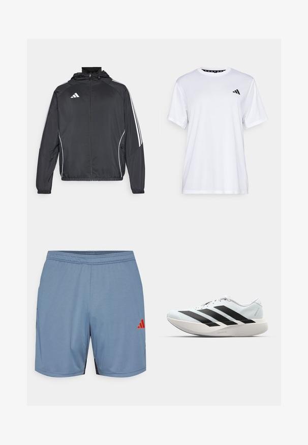 Must värvi sportlik jakk kapuutsiga, millel on valged triibud varrukatel ja lukuga esiosa. Valmistatud siledast, kergest kangast.; Valge sportlik T-särk lühikeste varrukatega, valmistatud niiskust eemaldavast kangast. Ees on must logo vasakul rinnal ja soe mustriline kaelaosa.; Heledad sinine sportlikud lühikesed püksid mustade külgaktsentidega, elastne vöökoht ja oranž Adidas'i logo. Valmistatud siledast, kergest kangast.; Kerged jooksujalatsid helesinises värvuses mustade triipudega. Omavad siledat pealispinda, ümarat varvase osa ja paksu valget vahemõõtu, millel on silt "LIGHTSTRIKE PRO".