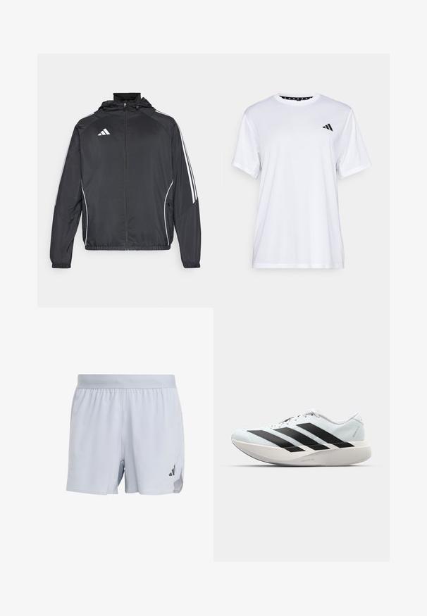 Zwarte sportjack met capuchon, voorzien van witte strepen langs de mouwen en een ritssluiting aan de voorkant. Gemaakt van een gladde, luchtige stof.; Witte sport T-shirt met korte mouwen, gemaakt van vochtafvoerende stof. Heeft een zwart logo op de linkerkant van de borst en een gemusterde binnenhals.; Lichtgrijze sportshorts van ademend materiaal, met een gestructureerd ontwerp, elastische tailleband en zwarte logo-accent aan de zijkant.; Lichte hardloopschoenen in lichtblauw met zwarte strepen. Beschikt over een soepele bovenkant, ronde neusstuk en dikke witte tussenzool met het label "LIGHTSTRIKE PRO."